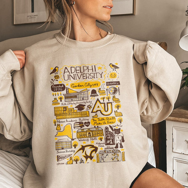 Adelphi University Sweatshirt | Hand-Drawn Campus Landmarks Illustration | Premium Cotton-Blend Apparel | Collegiate Gift for