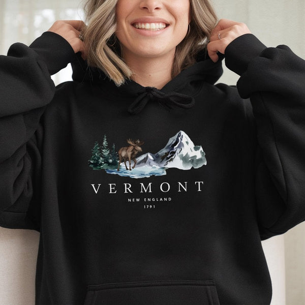 Vermont Hoodie | Watercolor Mountain Moose Wilderness Design | Premium Cotton Blend | Nature Lover New England Souvenir Gift