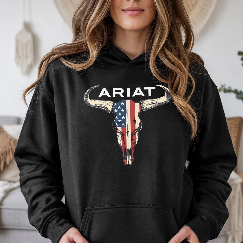 American Flag Bull Skull Hoodie | Western Cowboy Rodeo Graphic | Premium Cotton Blend | Country Farm Gift for Men and Women