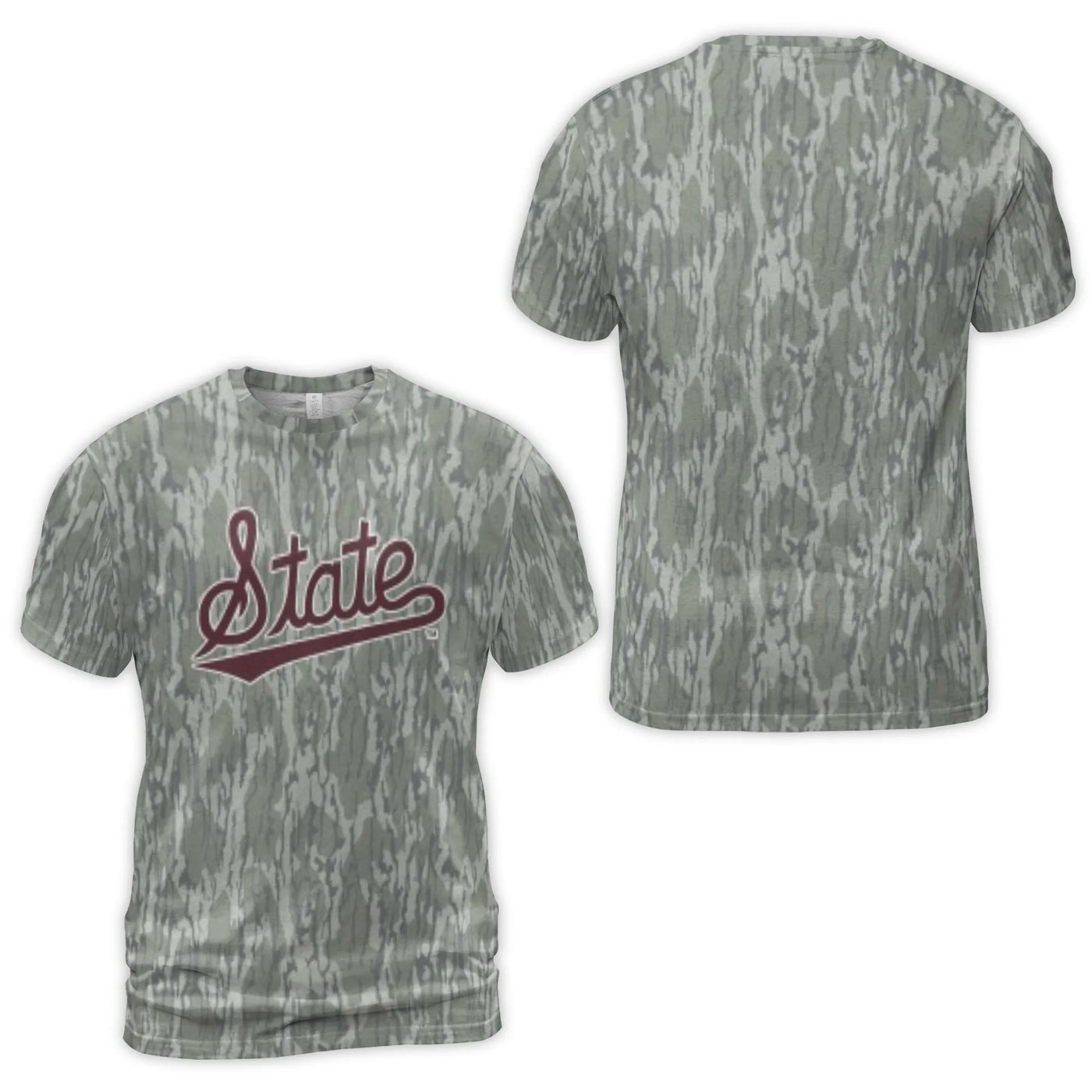 State Script Camo T-Shirt | All-Over Mossy Tree Bark Print | Premium Stretchy Jersey | Gift for Sports Fans and Outdoor Enthu