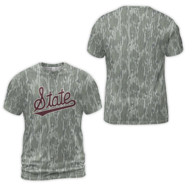 State Script Camo T-Shirt | All-Over Mossy Tree Bark Print | Premium Stretchy Jersey | Gift for Sports Fans and Outdoor Enthu