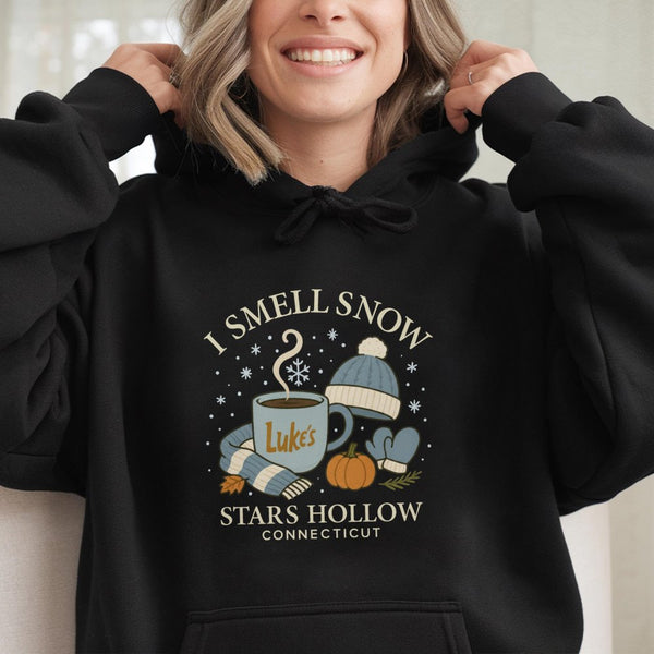 I Smell Snow Stars Hollow Hoodie | Cozy Luke Diner Coffee Graphic | Premium Cotton-Poly Blend | TV Show Fan Gift for Winter L