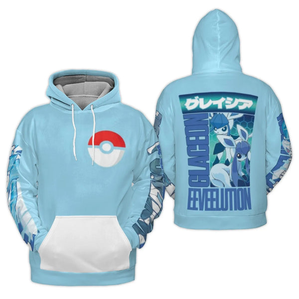 Ice Type Eeveelution Hoodie | Glaceon Graphic 3D Pullover | Premium Polyester Fleece | Unisex Anime Fan Gift