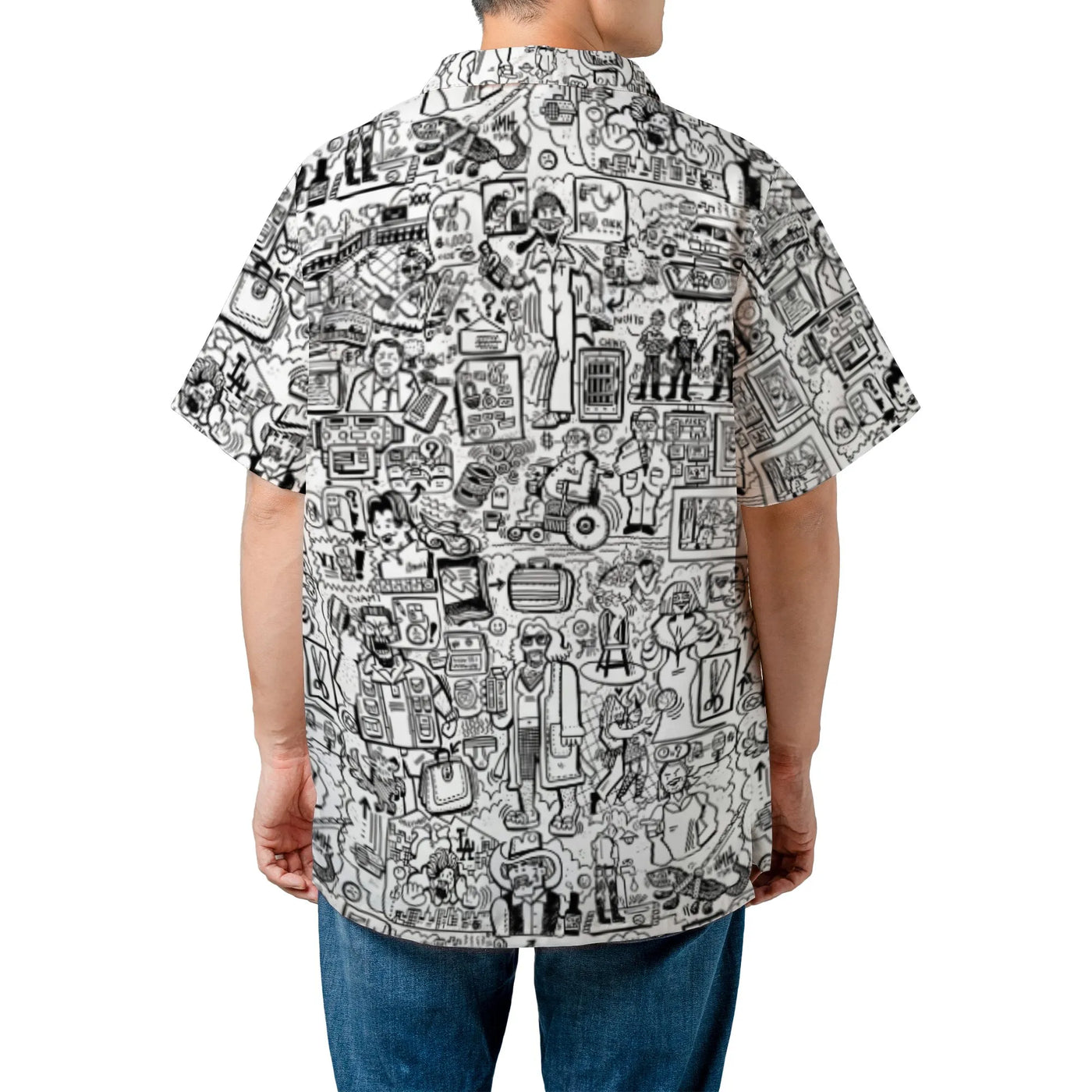 Cult Classic Movie Character Hawaiian Shirt | Doodle Collage Graphic Print | Premium Woven Polyester | Fun Birthday Gift For 
