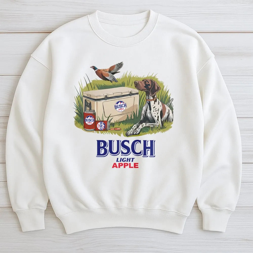 Busch Light Apple Sweatshirt | Hunting Dog & Beer Cooler Graphic | Premium Cotton Blend | Gift For Outdoorsmen & Beer Lovers