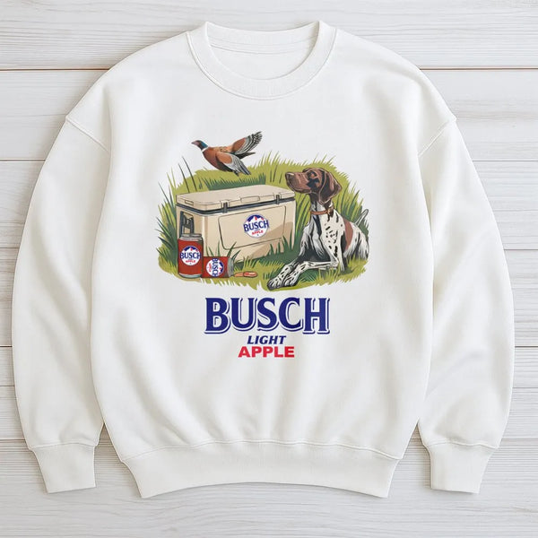 Busch Light Apple Sweatshirt | Hunting Dog & Beer Cooler Graphic | Premium Cotton Blend | Gift For Outdoorsmen & Beer Lovers