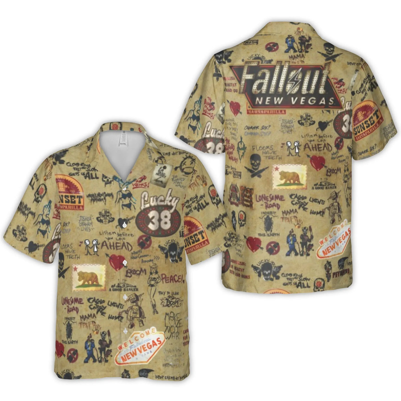 Fallout New Vegas Hawaiian Shirt | Lucky 38 Graffiti Allover Print | Woven Polyester Summer Button Down | Gaming Fan Gift for
