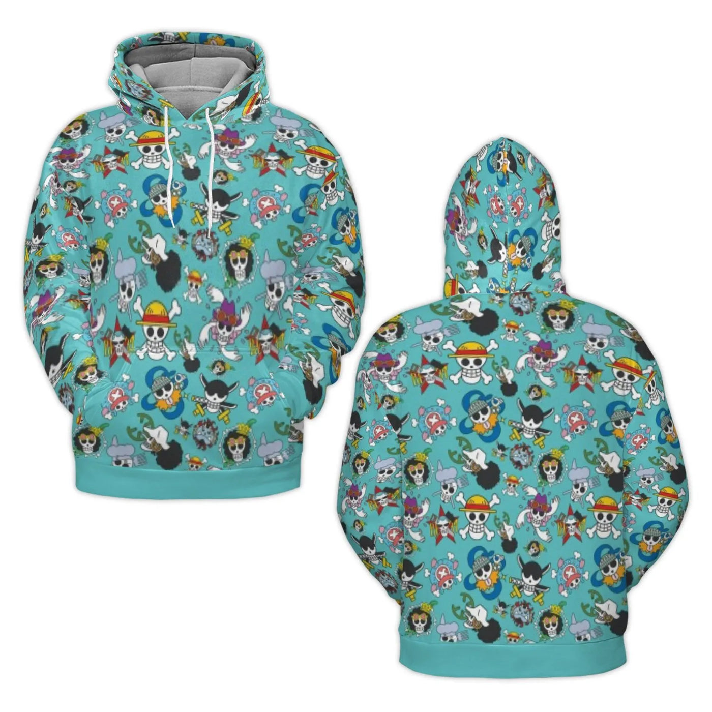 Anime Pirate Crew Hoodie | Straw Hat Jolly Roger All-Over Print | Premium Polyester Brushed Fleece | Unisex Gift for Fans & O