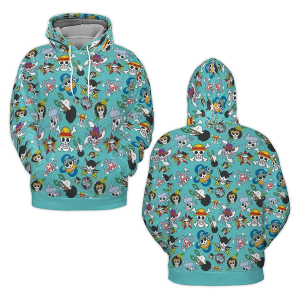 Anime Pirate Crew Hoodie | Straw Hat Jolly Roger All-Over Print | Premium Polyester Brushed Fleece | Unisex Gift for Fans & O