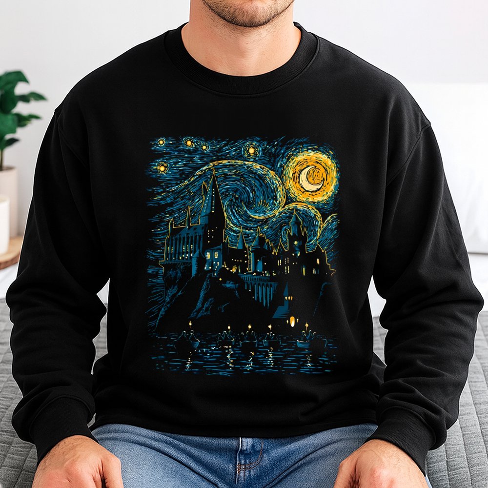 Wizard School Castle Sweatshirt | Starry Night Impressionist Art Design | Premium Cotton Blend | Magical Fan Gift For Adults