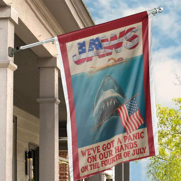 Shark Movie Patriotic House Flag | Jaws Inspired Fourth of July Decor | Durable Weather-Resistant Polyester | Gift for Horror