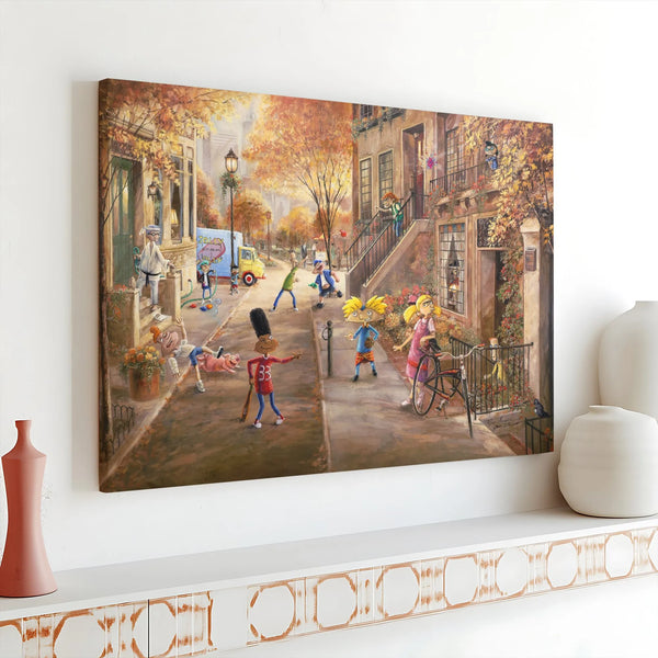 90s Cartoon Nostalgia Wall Art | Hey Arnold Streetball Cityscape Print | Premium Gallery Wrap Canvas | Unique Home Decor Gift