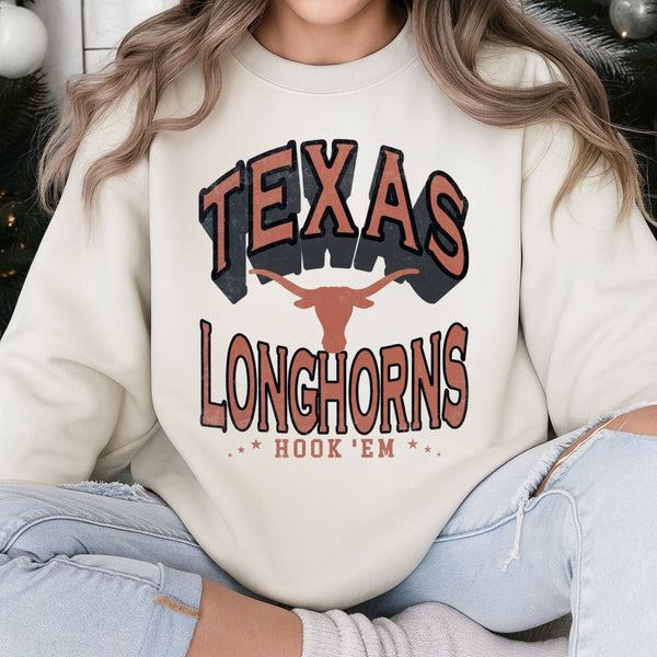 Texas Longhorns Sweatshirt | Vintage Retro Hook Em Design | Premium Cotton Blend Crewneck | University Of Texas Fan Game Day 