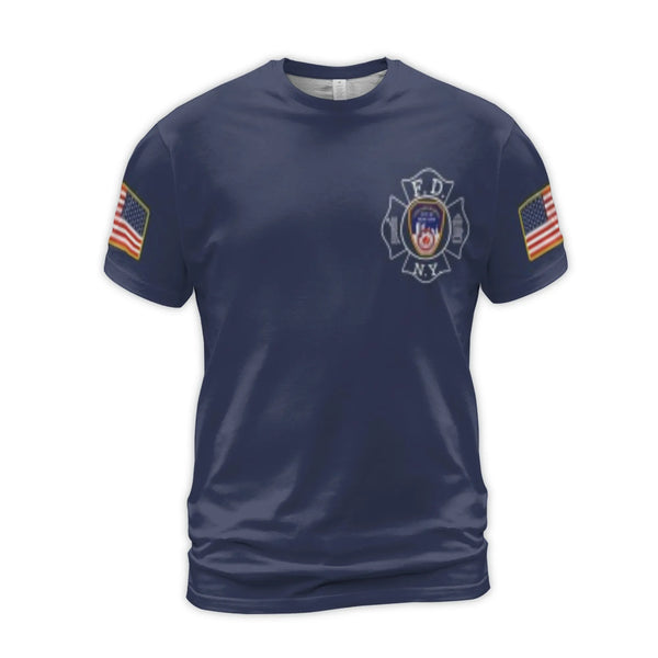 NYC Fire Department T-Shirt | FDNY Emblem & American Flag Sleeves | Premium Stretch Jersey | Gift for Firefighter Supporters