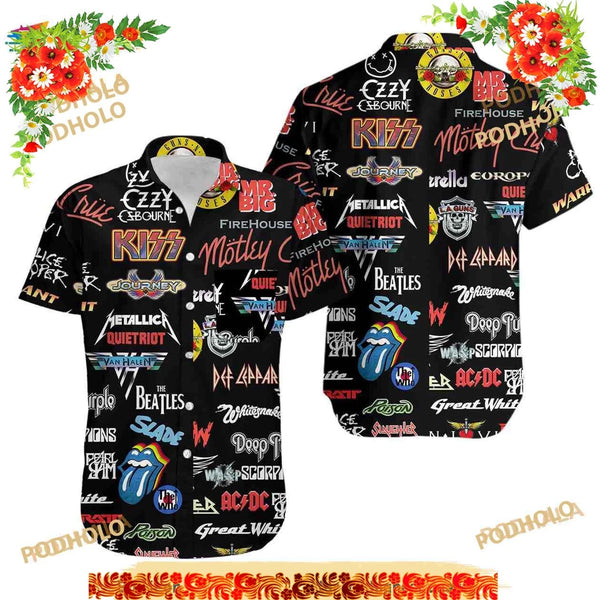 Rock And Roll Graphic Hawaiian Shirt | 80s Music Band Logo Print | Lightweight Casual Button Down | Premium Gift For Music Lo