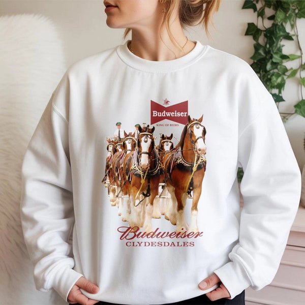 Clydesdale Horse Graphic Sweatshirt | Vintage Beer Logo Print | Premium Cotton-Blend Crewneck | Nostalgic Country Western Gif