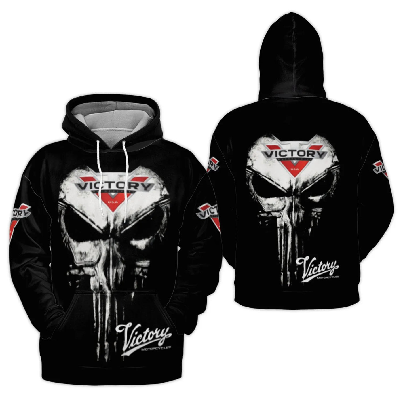 Victory Motorcycles Hoodie | Punisher Skull Graphic Print | Premium Polyester Fleece | Biker Gift for Men and Women