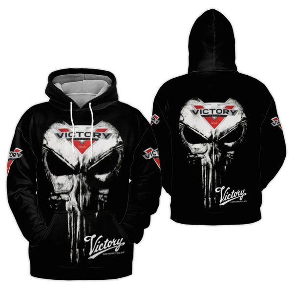 Victory Motorcycles Hoodie | Punisher Skull Graphic Print | Premium Polyester Fleece | Biker Gift for Men and Women
