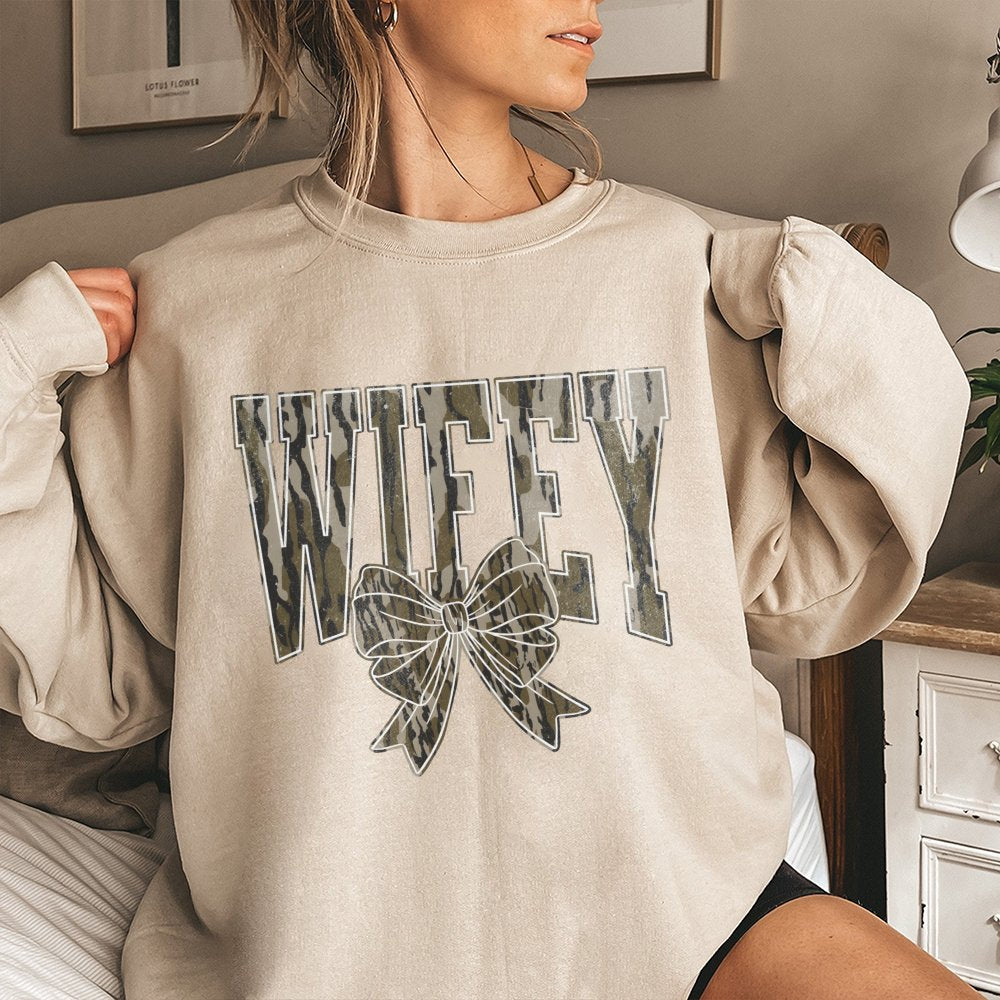 Wifey Camo Bow Sweatshirt | Trendy Camouflage Print Graphic Crewneck | Premium Cotton Blend Comfort | Wedding Gift for Bride 