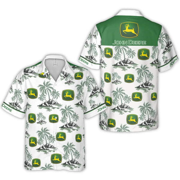 Green Tractor Hawaiian Shirt | Tropical Farming Logo & Palm Tree Print | Lightweight Aloha Beach Shirt | Unique Gift for Farm