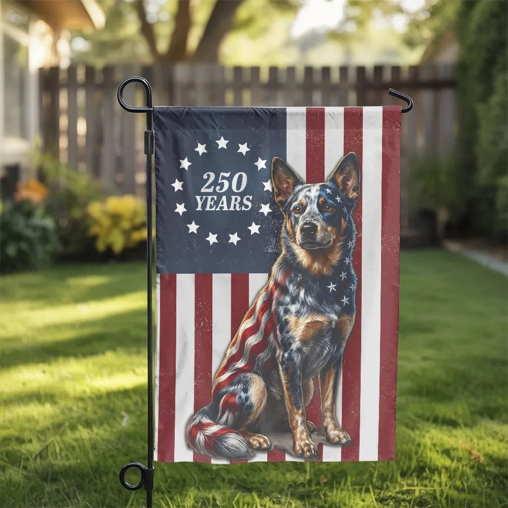 Patriotic Blue Heeler Dog Garden Flag | USA 250th Anniversary American Flag Design | Double-Sided Premium Weatherproof Polyes