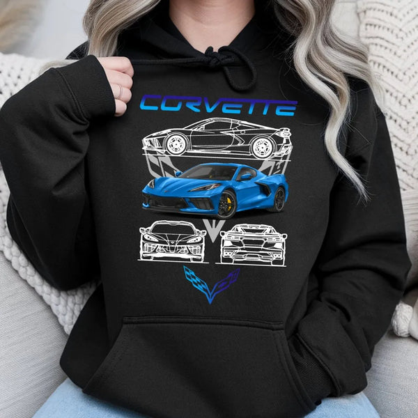 Corvette C8 Hoodie | Blue Sports Car Graphic Print | Premium Cotton Blend | Gift for Car Enthusiasts & Racing Fans
