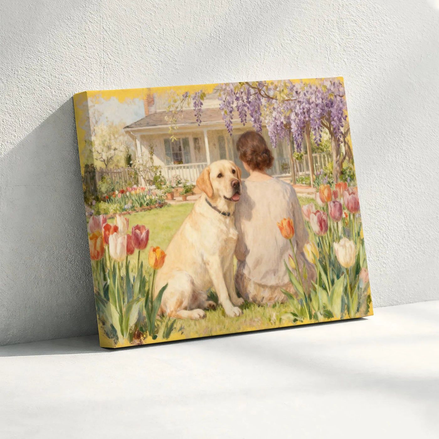 Vintage Yellow Lab Painting Canvas | Woman and Dog in Cottage Flower Garden Art | Premium Gallery Wrapped Print | Gift for Do