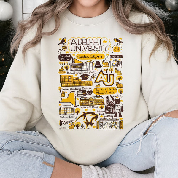 Adelphi University Sweatshirt | Hand-Drawn Campus Landmarks Illustration | Premium Cotton-Blend Apparel | Collegiate Gift for
