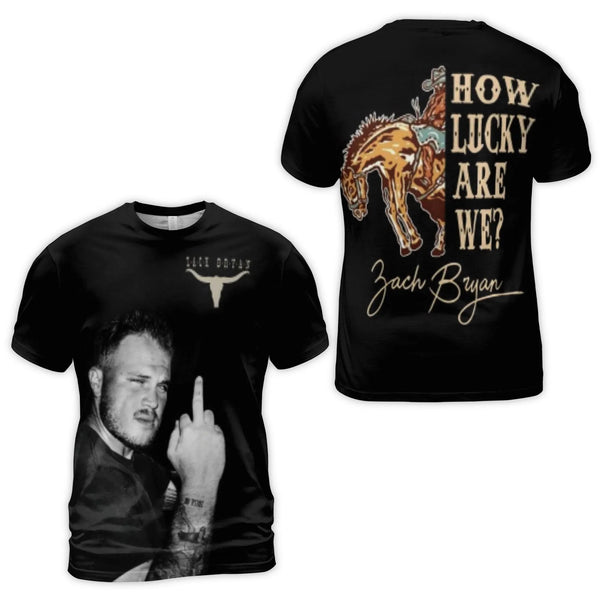 Zach Bryan Graphic T-Shirt | How Lucky Are We Cowboy Bronco Design | Premium Polyester Blend | Country Music Fan Gift Apparel