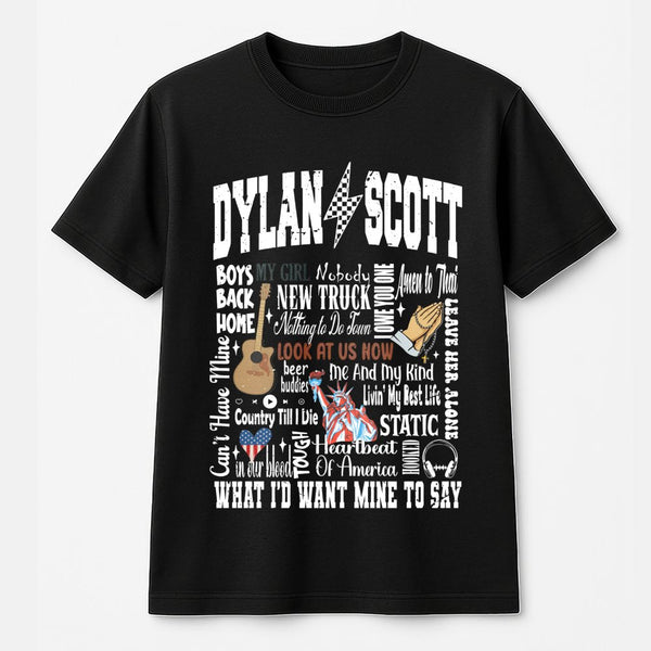 Dylan Scott Graphic T-Shirt | Country Music Song List Collage Design | Premium 100% Cotton Tee | Gift for Country Music Fans 