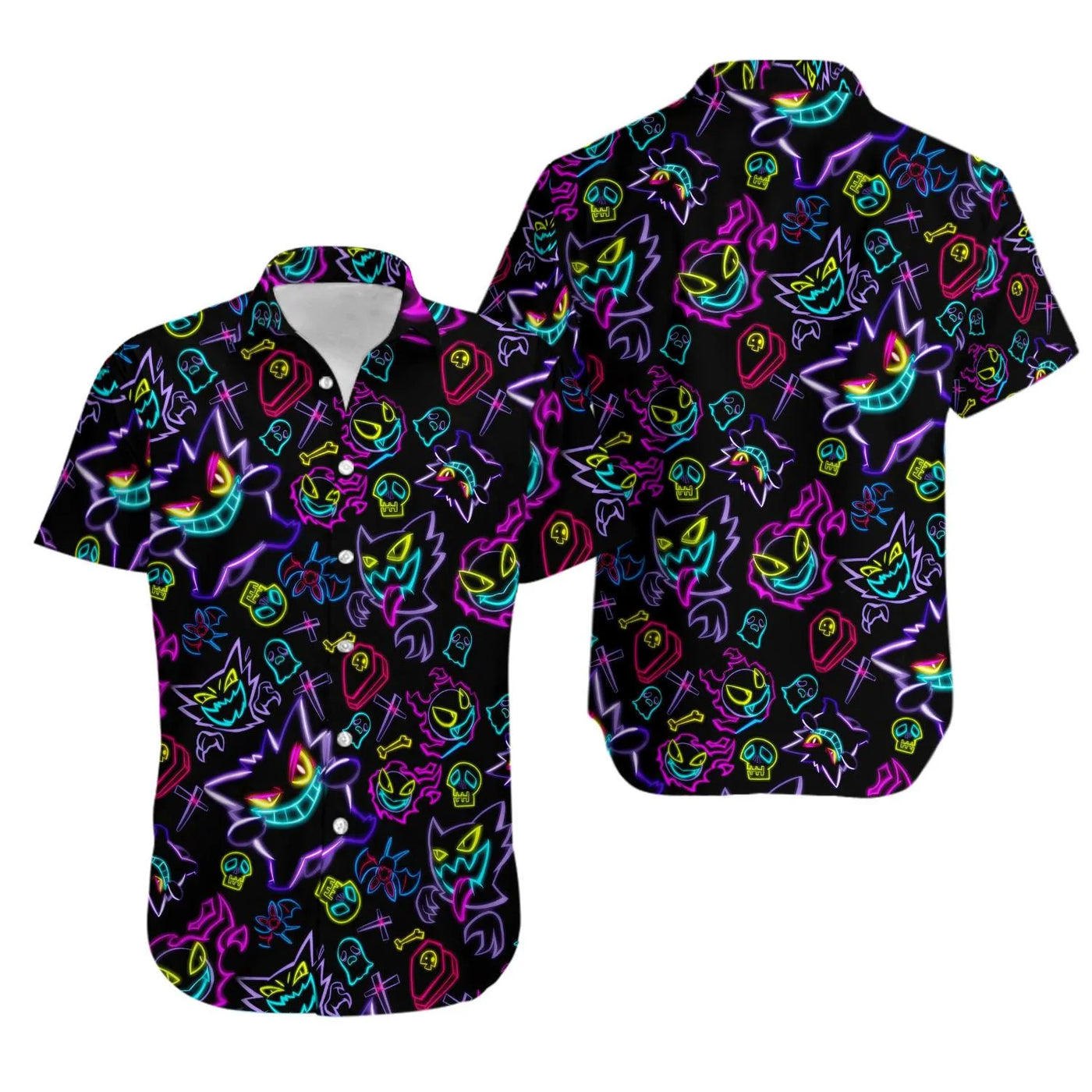 Ghost Spirit Hawaiian Shirt | Neon Gengar Style Graphic Print | Lightweight Button-Down | Gothic Summer Gift for Anime Fans