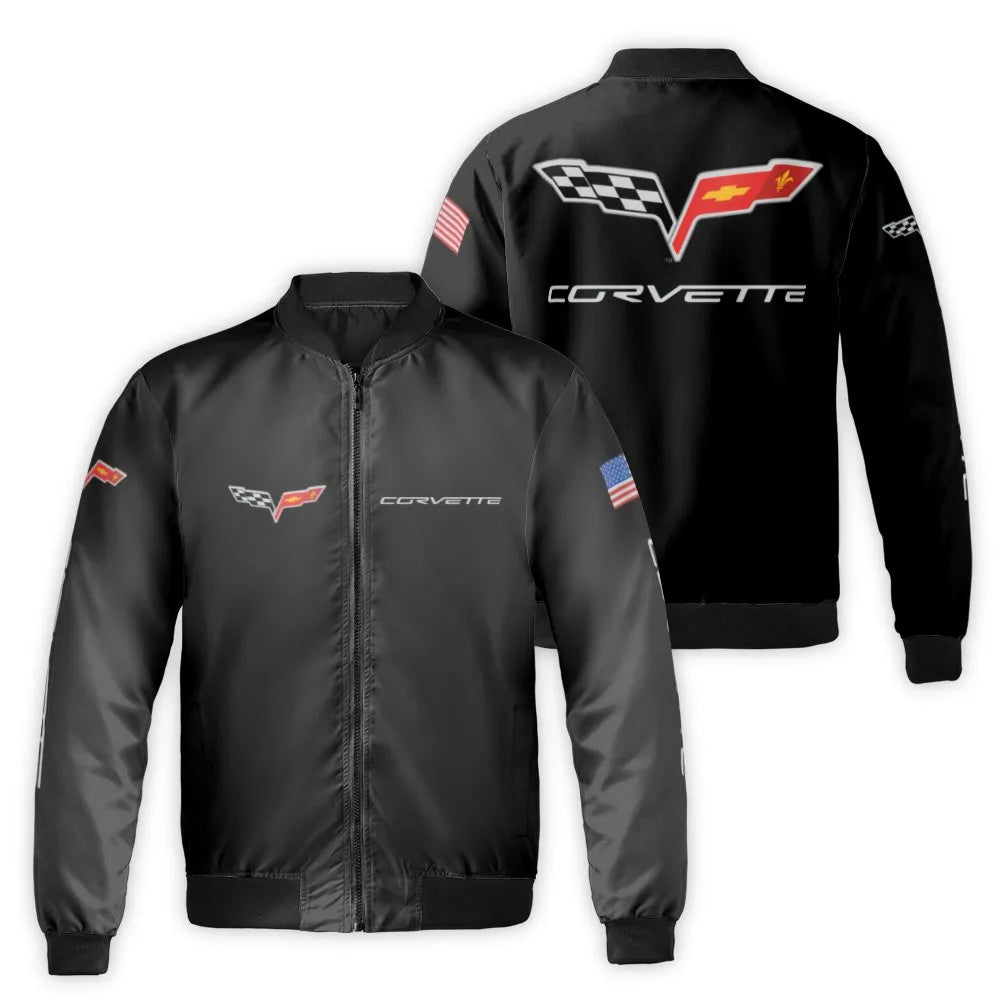 Corvette C6 Bomber Jacket | Chevy Logo & American Flag Print | Premium Nylon Streetwear | Car Enthusiast Gift for Men & Women