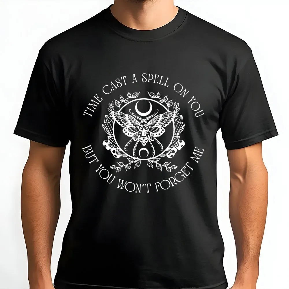 Time Cast A Spell On You T-Shirt | Witchy Moth Moon Graphic Tee | Premium 100% Cotton Shirt | Music Lover Vintage Rock Gift f