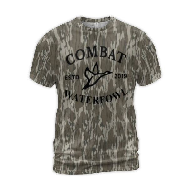Combat Waterfowl T-Shirt | Camo Print Duck Hunting Graphic | Premium Jersey Polyester Spandex | Gift for Outdoorsman Hunter