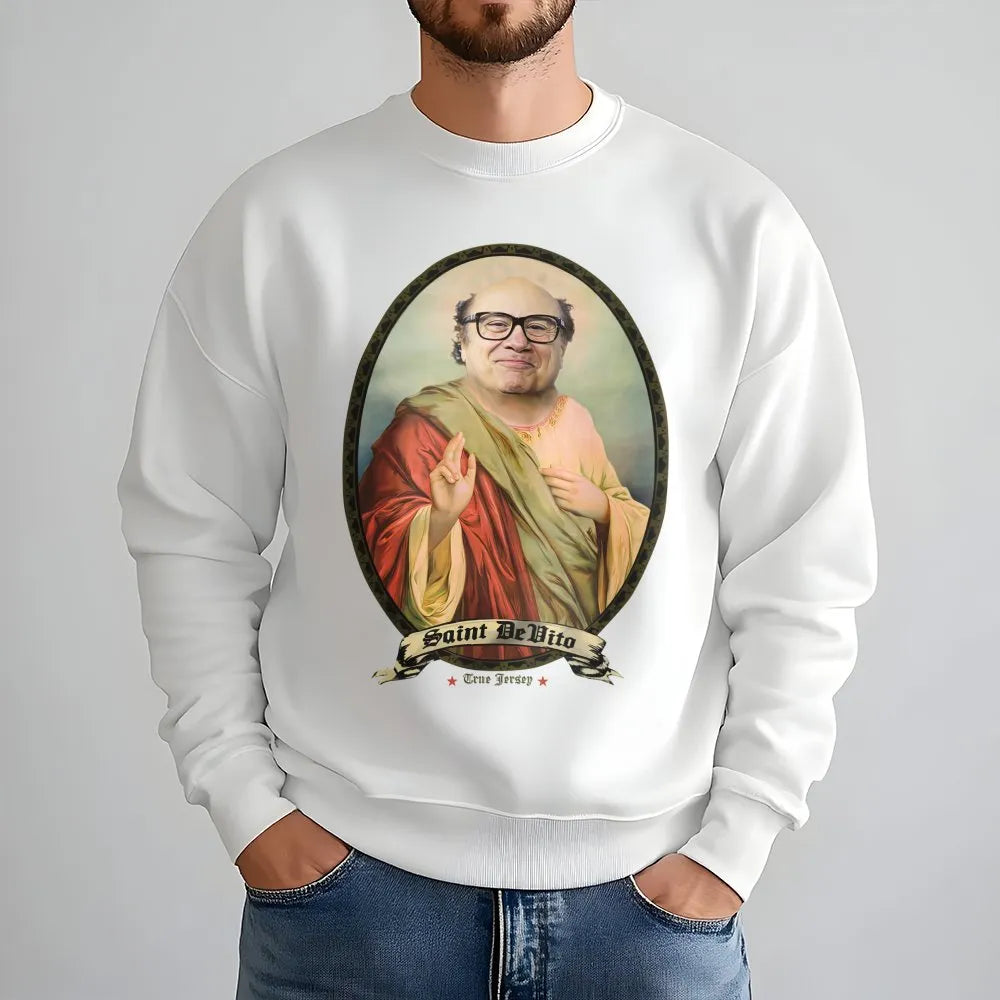 Saint Danny Devito Sweatshirt | Funny Celebrity Meme Graphic Print | Premium Cotton Blend | Unisex Pop Culture Gift For Fans