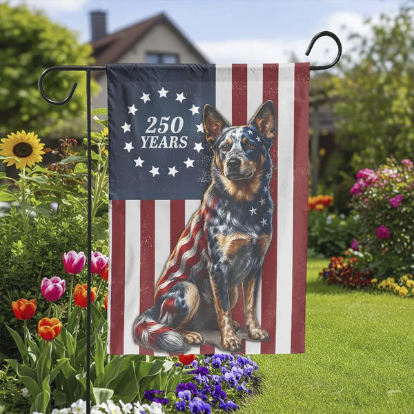 Patriotic Blue Heeler Dog Garden Flag | USA 250th Anniversary American Flag Design | Double-Sided Premium Weatherproof Polyes