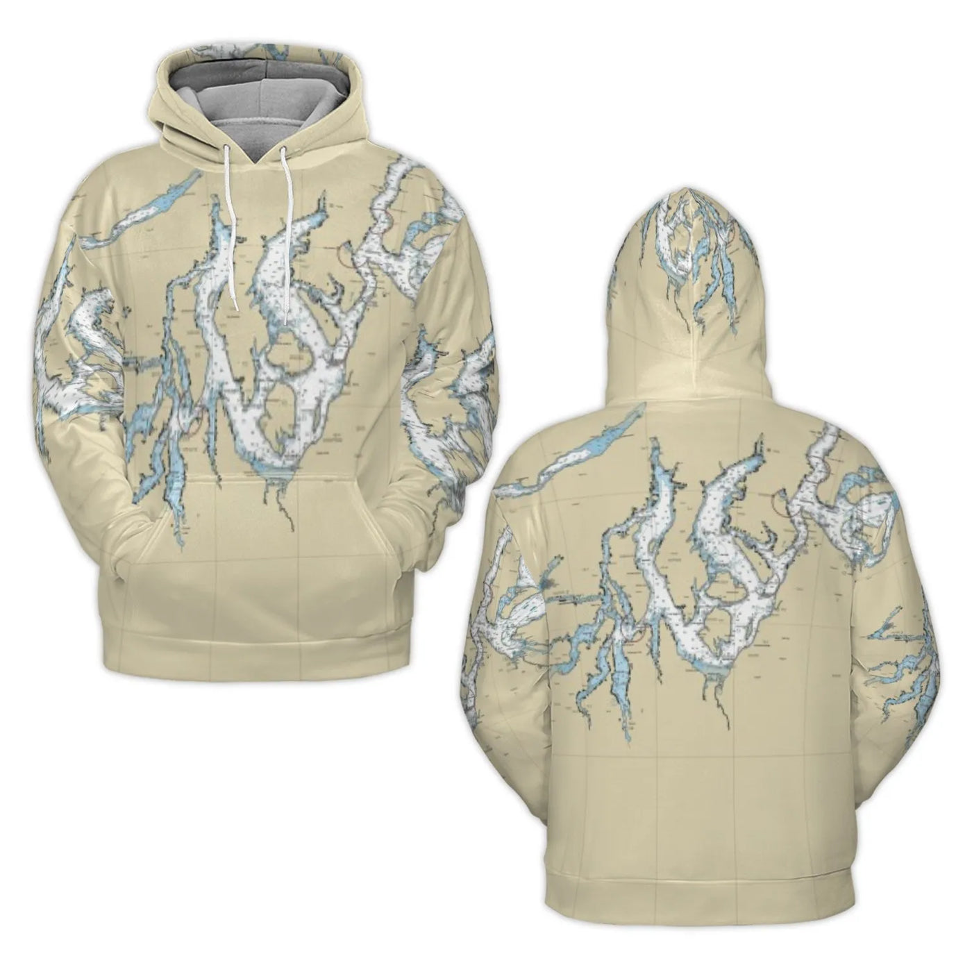 Puget Sound Nautical Chart Hoodie | All-Over Print Map Graphic | Premium Polyester Fleece | Gift For Sailors & Pacific Northw