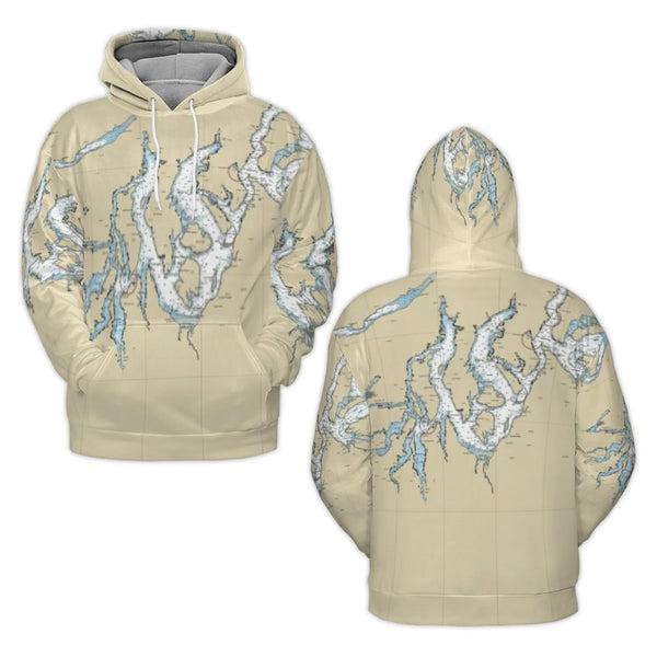 Puget Sound Nautical Chart Hoodie | All-Over Print Map Graphic | Premium Polyester Fleece | Gift For Sailors & Pacific Northw