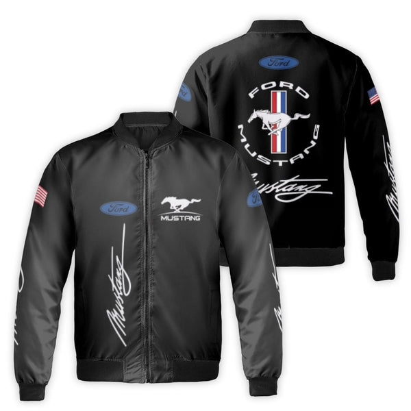 Ford Mustang Bomber Jacket | Pony Logo Tri-Bar Graphic | Premium Nylon Outerwear | Gift For Muscle Car Enthusiasts & Fans