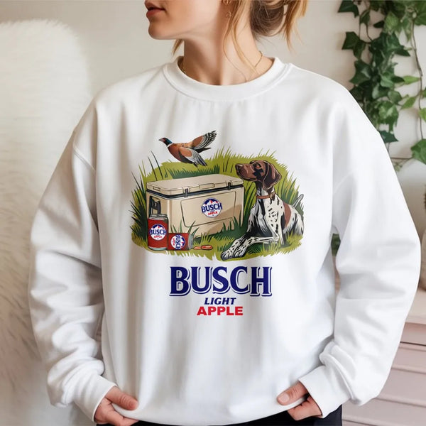 Busch Light Apple Sweatshirt | Hunting Dog & Beer Cooler Graphic | Premium Cotton Blend | Gift For Outdoorsmen & Beer Lovers