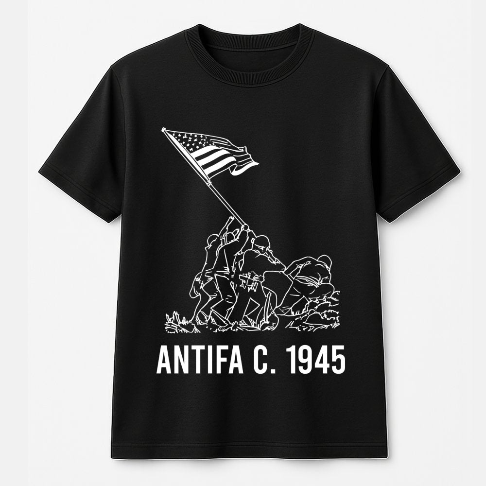 Antifa 1945 Graphic T-Shirt | Iwo Jima Flag Raising Illustration | 100% Cotton Premium Tee | History Gift for Activists