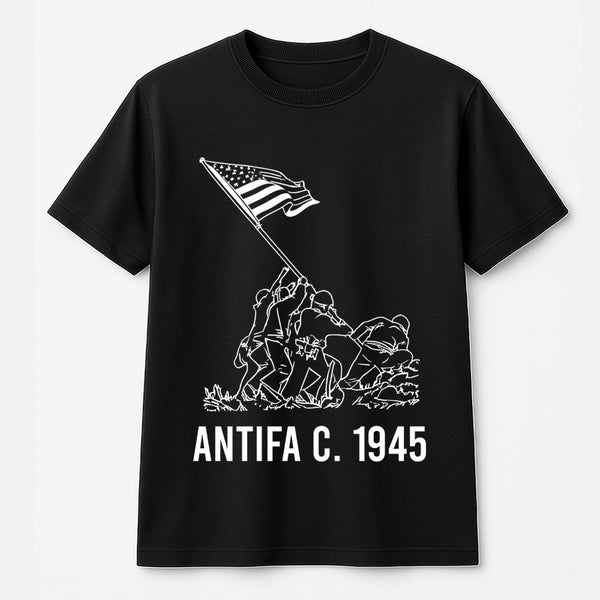 Antifa 1945 Graphic T-Shirt | Iwo Jima Flag Raising Illustration | 100% Cotton Premium Tee | History Gift for Activists