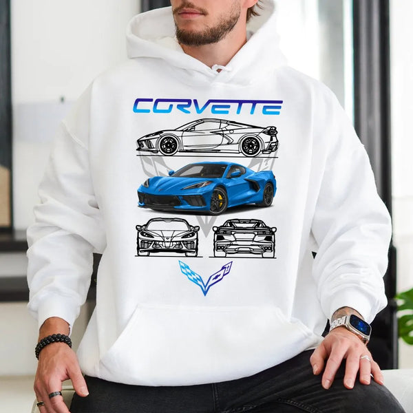Corvette C8 Hoodie | Blue Sports Car Graphic Print | Premium Cotton Blend | Gift for Car Enthusiasts & Racing Fans