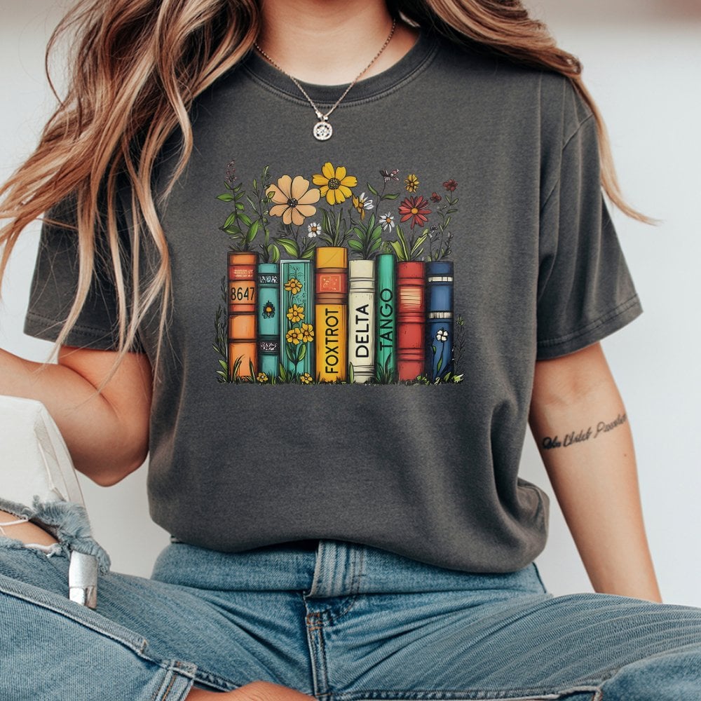 Floral Book Stack T-Shirt | Whimsical Library Reading Graphic | 100% Cotton Premium Tee | Activist Gift for Book Lovers