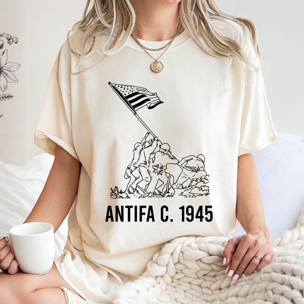 Antifa 1945 Graphic T-Shirt | Iwo Jima Flag Raising Illustration | 100% Cotton Premium Tee | History Gift for Activists