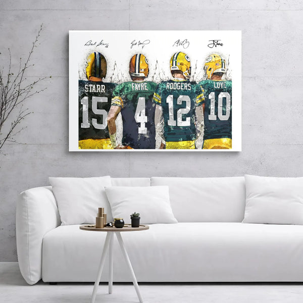 Green Bay Packers Quarterback Wall Art | Bart Starr Brett Favre Aaron Rodgers Jordan Love Poster | Premium Gallery Wrapped Ca