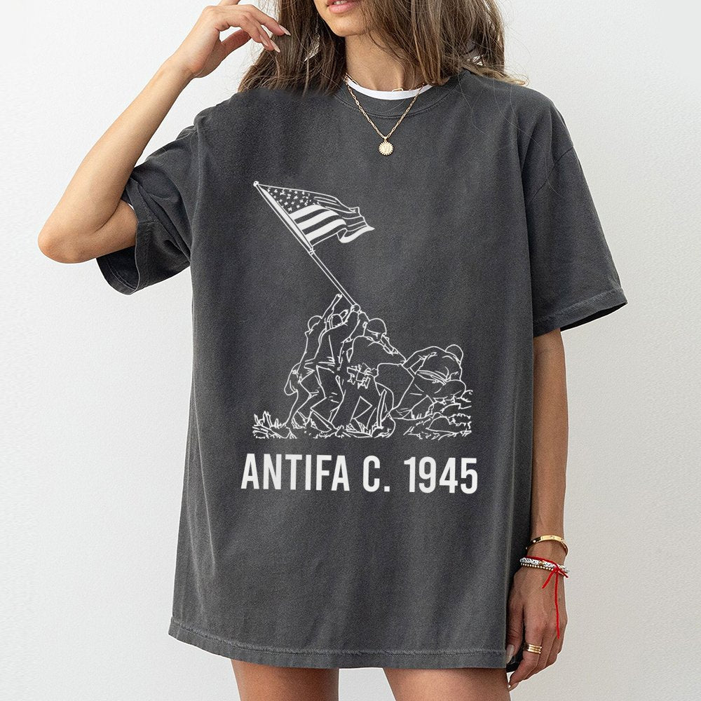 Antifa 1945 Graphic T-Shirt | Iwo Jima Flag Raising Illustration | 100% Cotton Premium Tee | History Gift for Activists