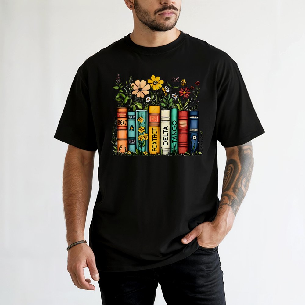 Floral Book Stack T-Shirt | Whimsical Library Reading Graphic | 100% Cotton Premium Tee | Activist Gift for Book Lovers