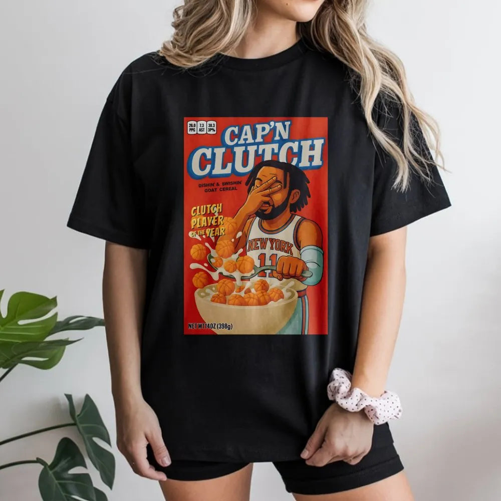 Jalen Brunson T-Shirt | Cap'n Clutch Cereal Box Graphic Design | Premium Soft Cotton | Basketball Gift for New York Knicks Fa