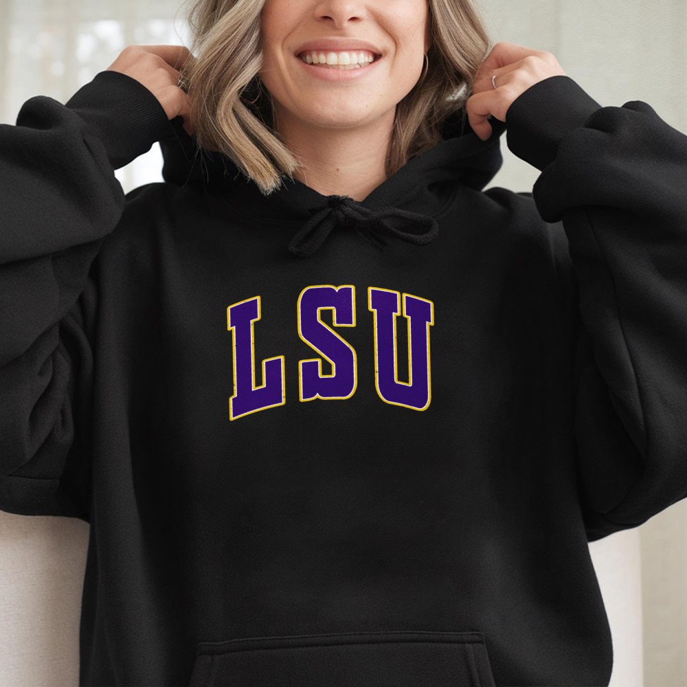 LSU Collegiate Hoodie | Vintage Distressed Athletic Lettering | Soft Cotton-Blend Premium Pullover | Unisex Sport Gift for St